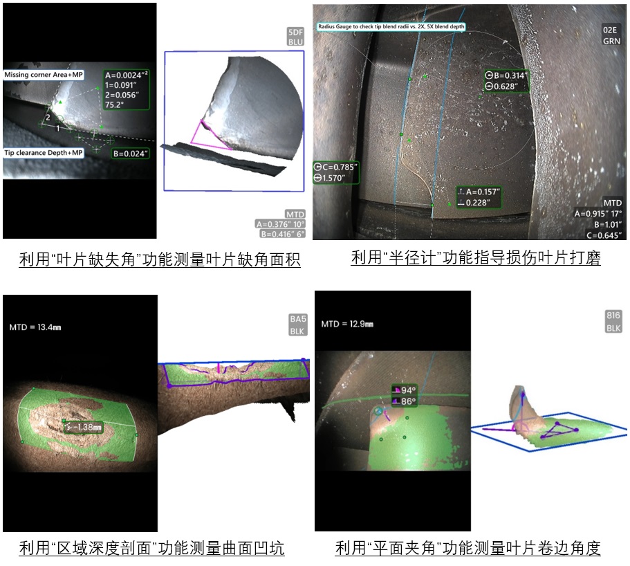 葉片缺失角、半徑計、區域深度剖面、平面夾角等測量模式